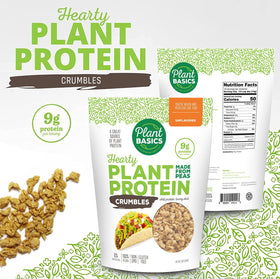 Plant Basics Unflavored Crumbles in pan ready for your favorite seasonings.