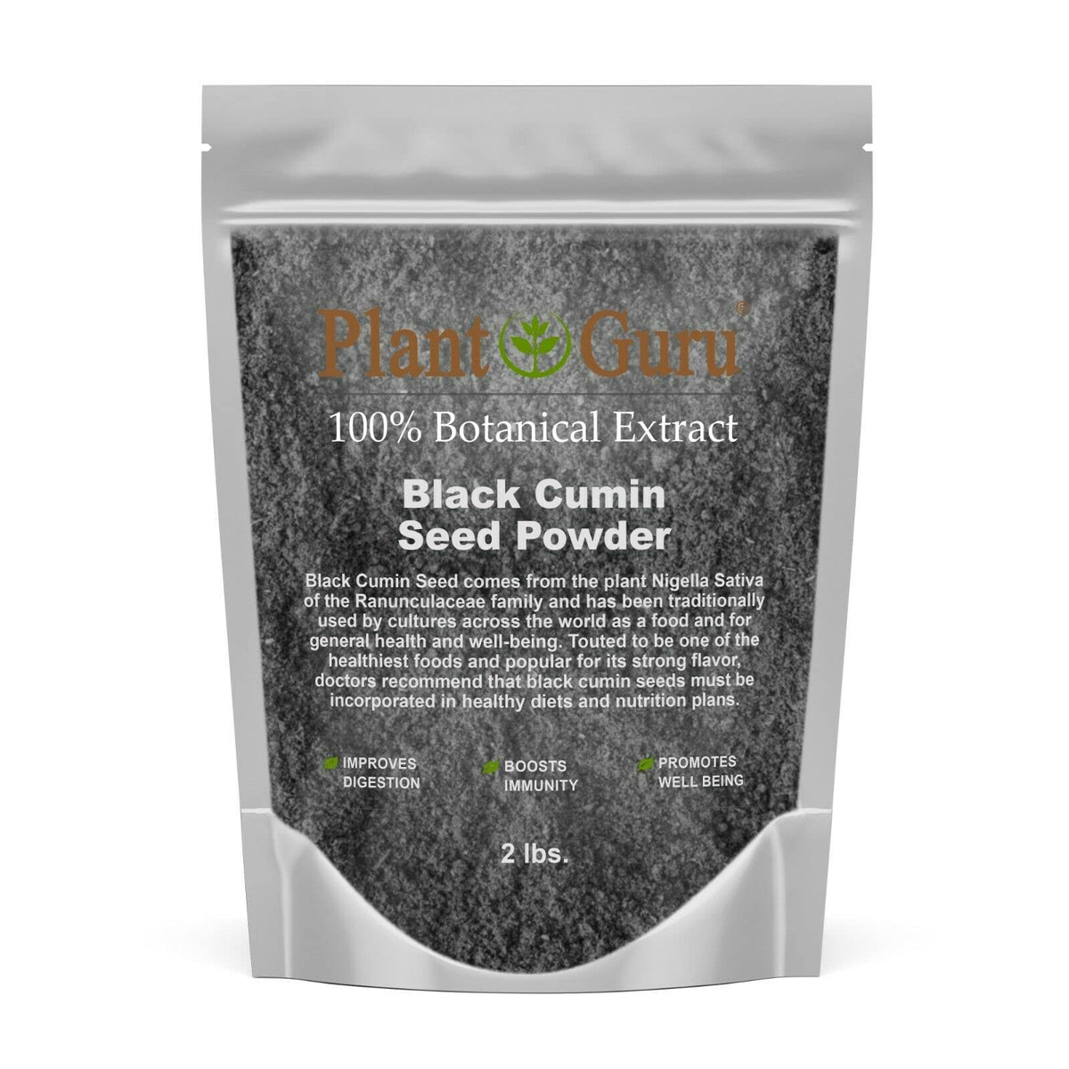 Plant Guru black cumin seed powder front label emphasizes bulk 2 lb packaging for versatile cooking.