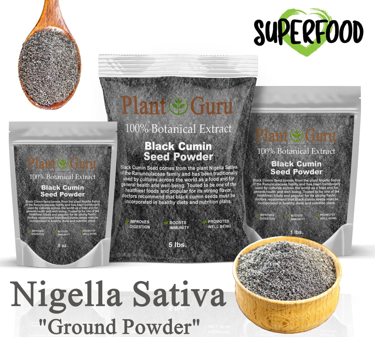 Plant Guru ground Nigella Sativa Kalonji packaging highlights premium quality for salads and tea.