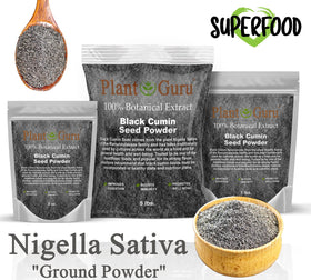 Plant Guru ground Nigella Sativa Kalonji packaging highlights premium quality for salads and tea.