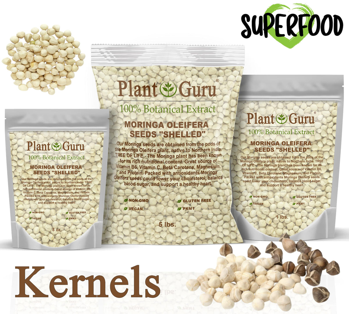 Plant Guru Moringa seeds kernel shelled 16 oz kernel closeup highlights vibrant green seeds for cooking.