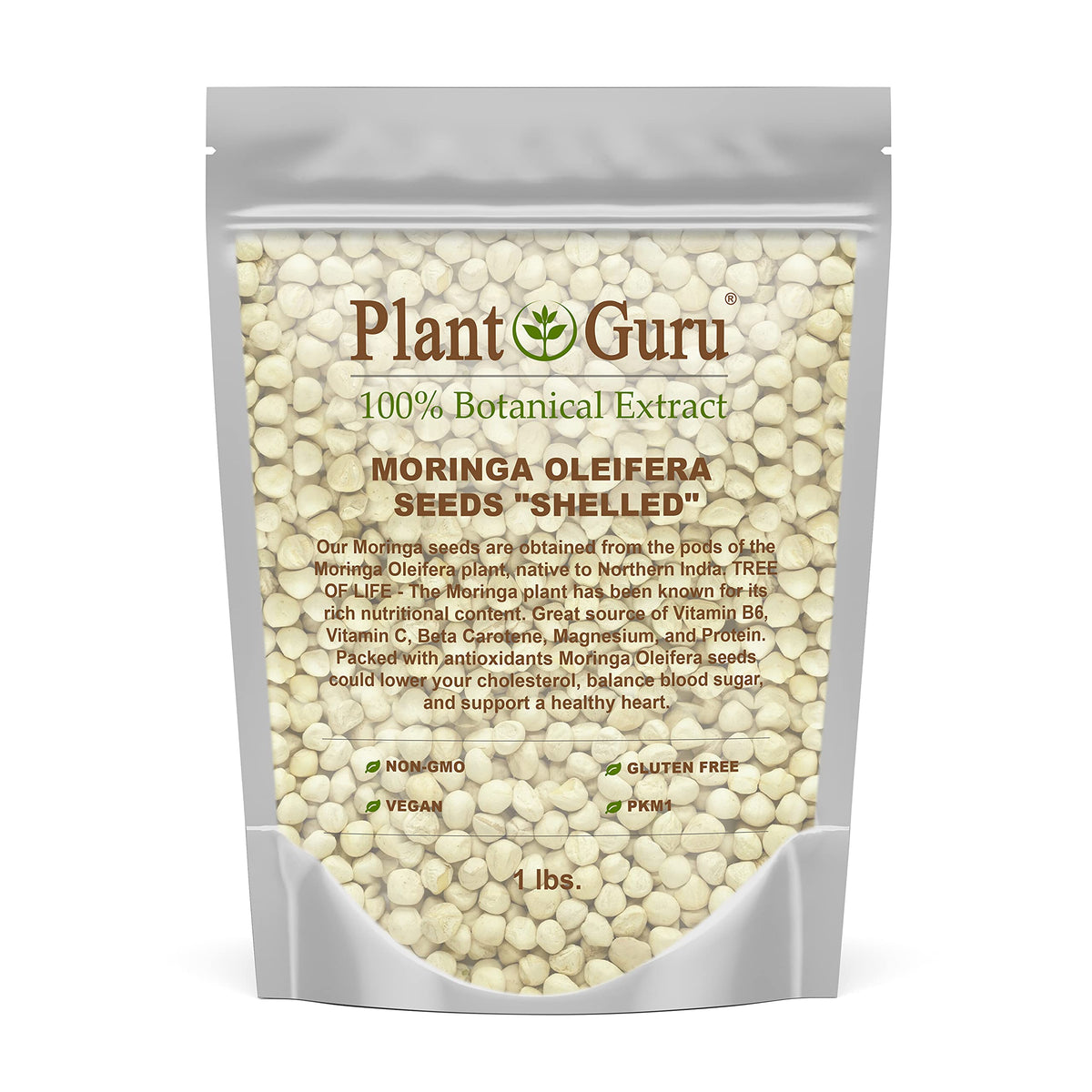 Plant Guru Moringa seeds kernel shelled 16 oz packaging showing easy storage and readiness.