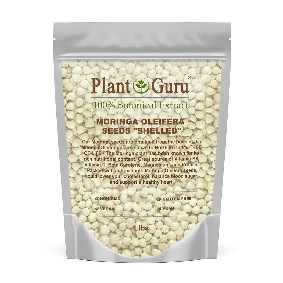 Plant Guru Moringa seeds kernel shelled 16 oz packaging showing easy storage and readiness.