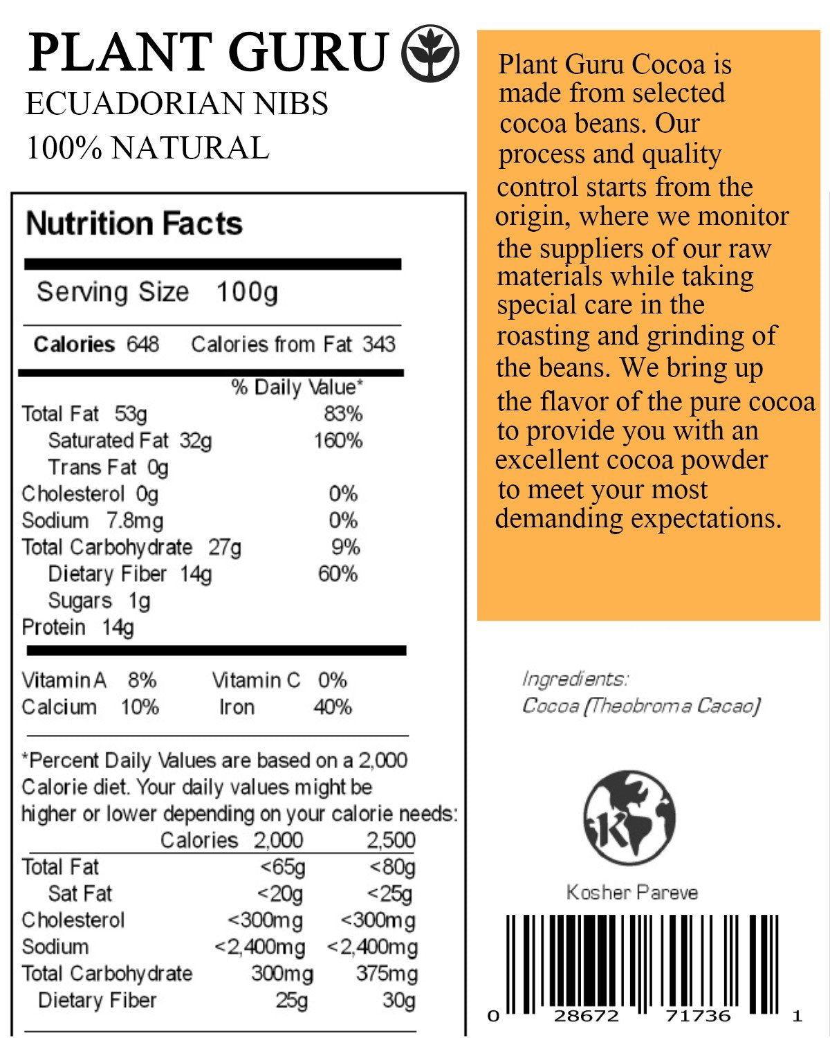 Plant Guru shelled and crushed cacao nibs with antioxidant-rich texture