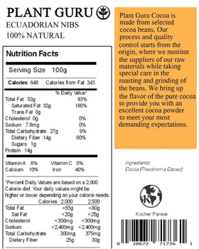 Plant Guru shelled and crushed cacao nibs with antioxidant-rich texture