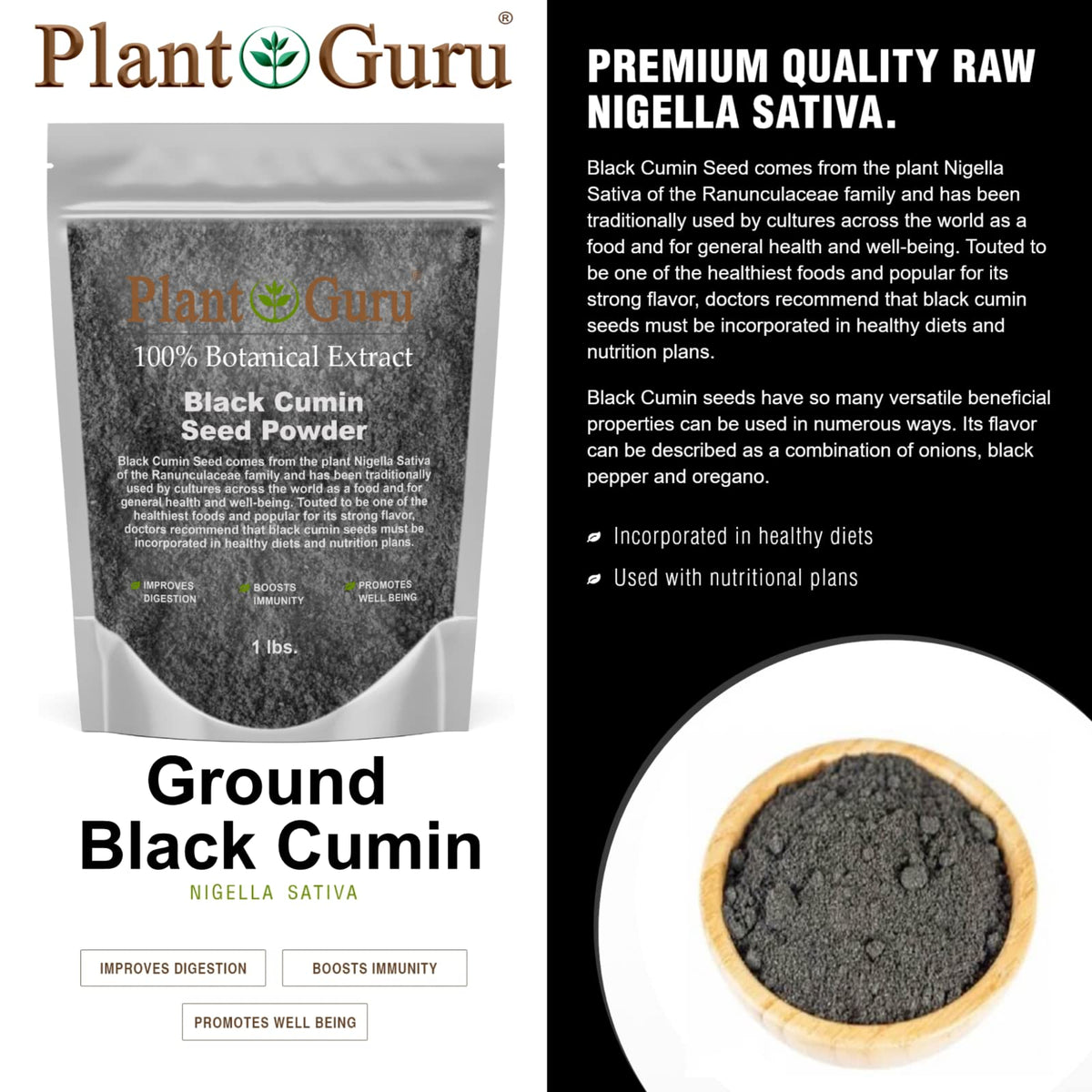Plant Guru strong herbal aroma closeup showcases Kalonji flavor ideal for dressings and curries.
