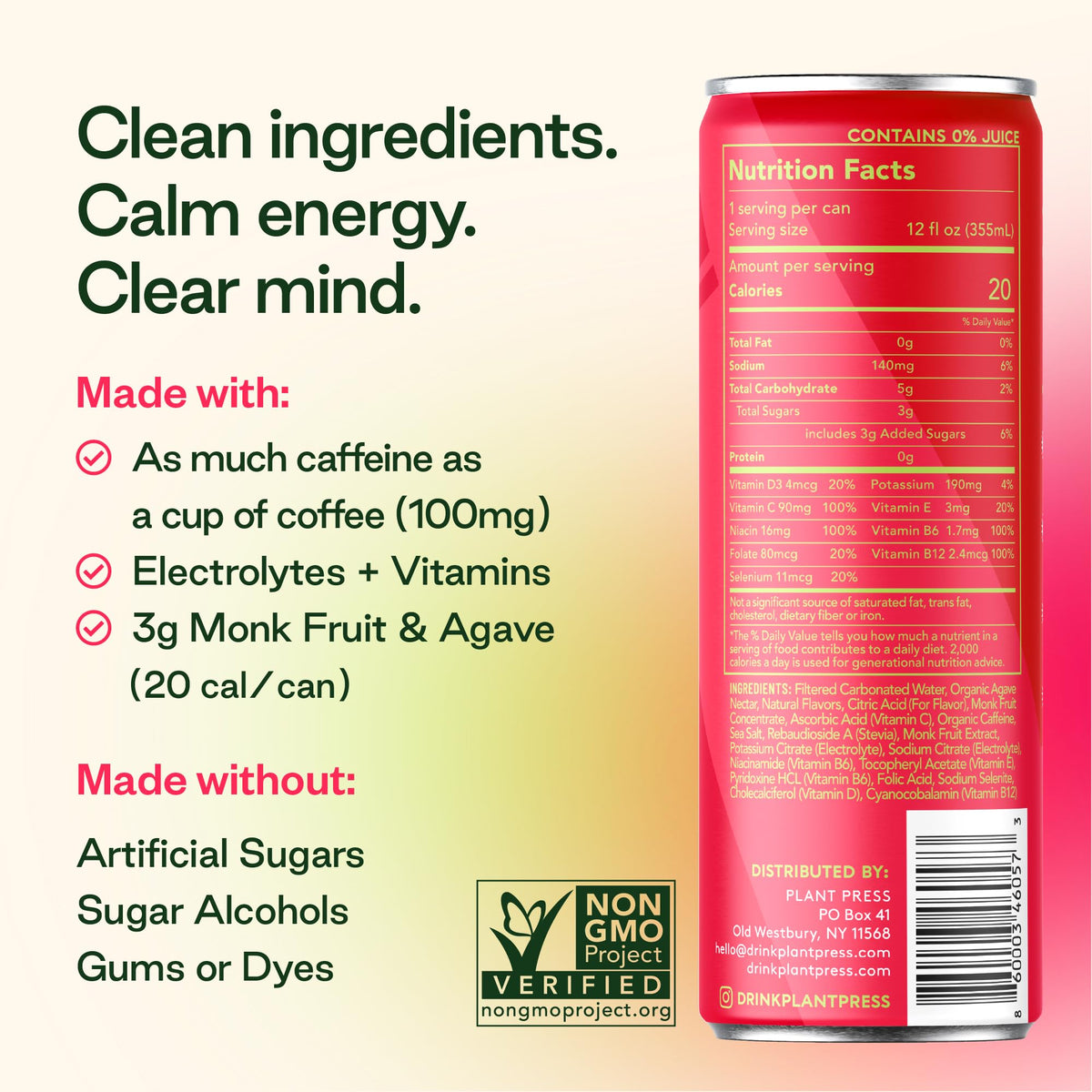 Plant Press ingredients panel highlights natural vitamins and minerals.