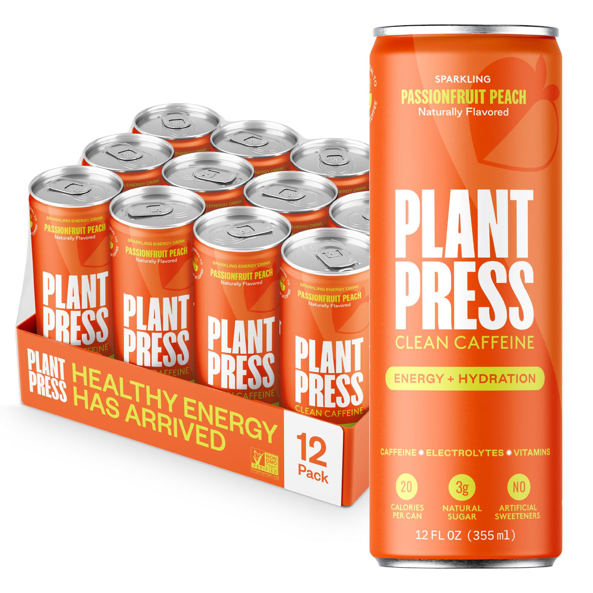 Plant Press Passionfruit Peach can front shows crisp energy boost