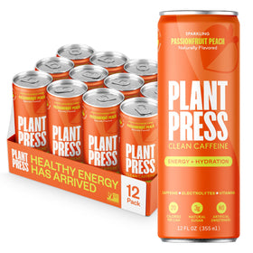 Plant Press Passionfruit Peach can front shows crisp energy boost
