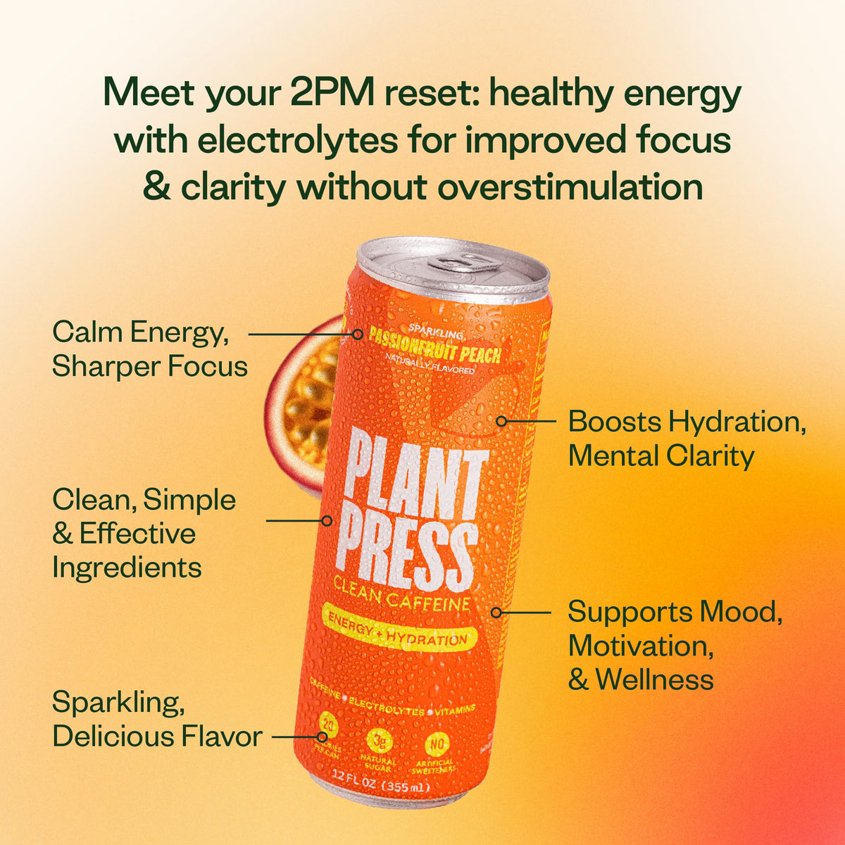 Plant Press sparkling energy can highlighting refreshing texture and taste.