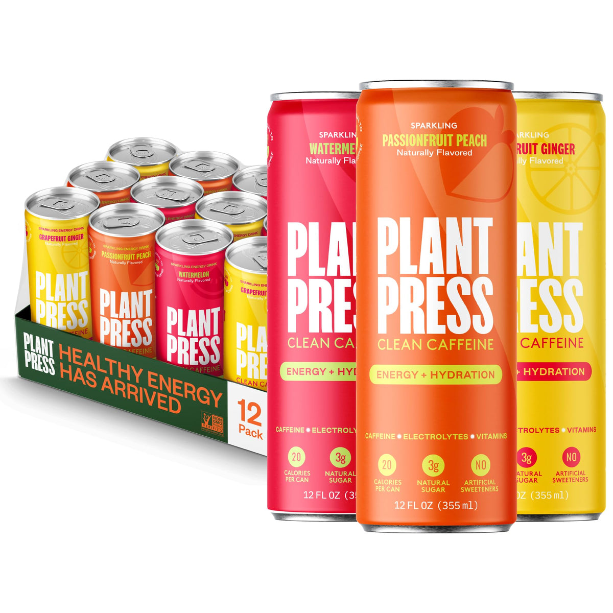 Plant Press variety-pack cans on shelf showcasing flavor options for daily energy.