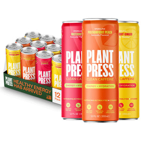 Plant Press variety-pack cans on shelf showcasing flavor options for daily energy.