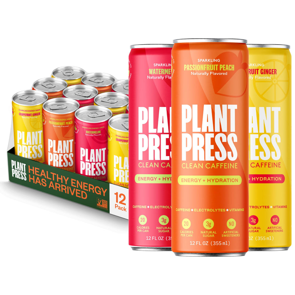 Plant Press variety-pack cans on shelf showcasing flavor options for daily energy.