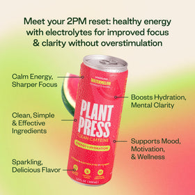 Plant Press Watermelon bottle pouring refreshing energy drink for hydration.