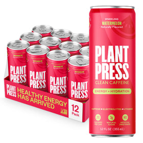Plant Press Watermelon energy drink can with clean caffeine for steady energy.