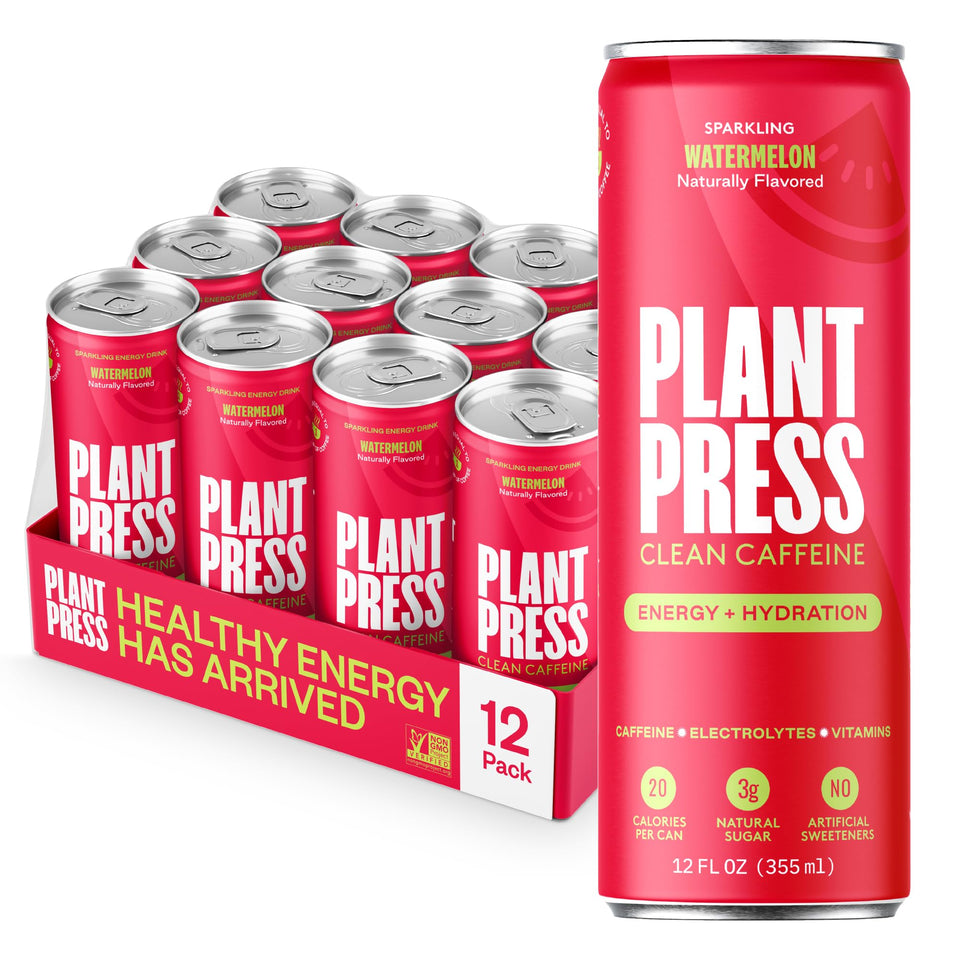 Plant Press Watermelon energy drink can with clean caffeine for steady energy.