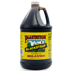 Plantation Blackstrap Molasses 1-gallon bottle shows a dark, thick syrup ideal for authentic baking.