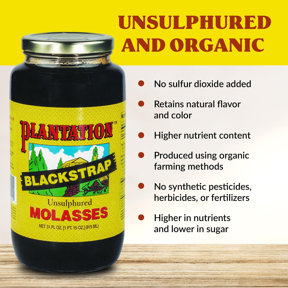 Plantation Molasses baking-ready jar with thick, syrupy texture.