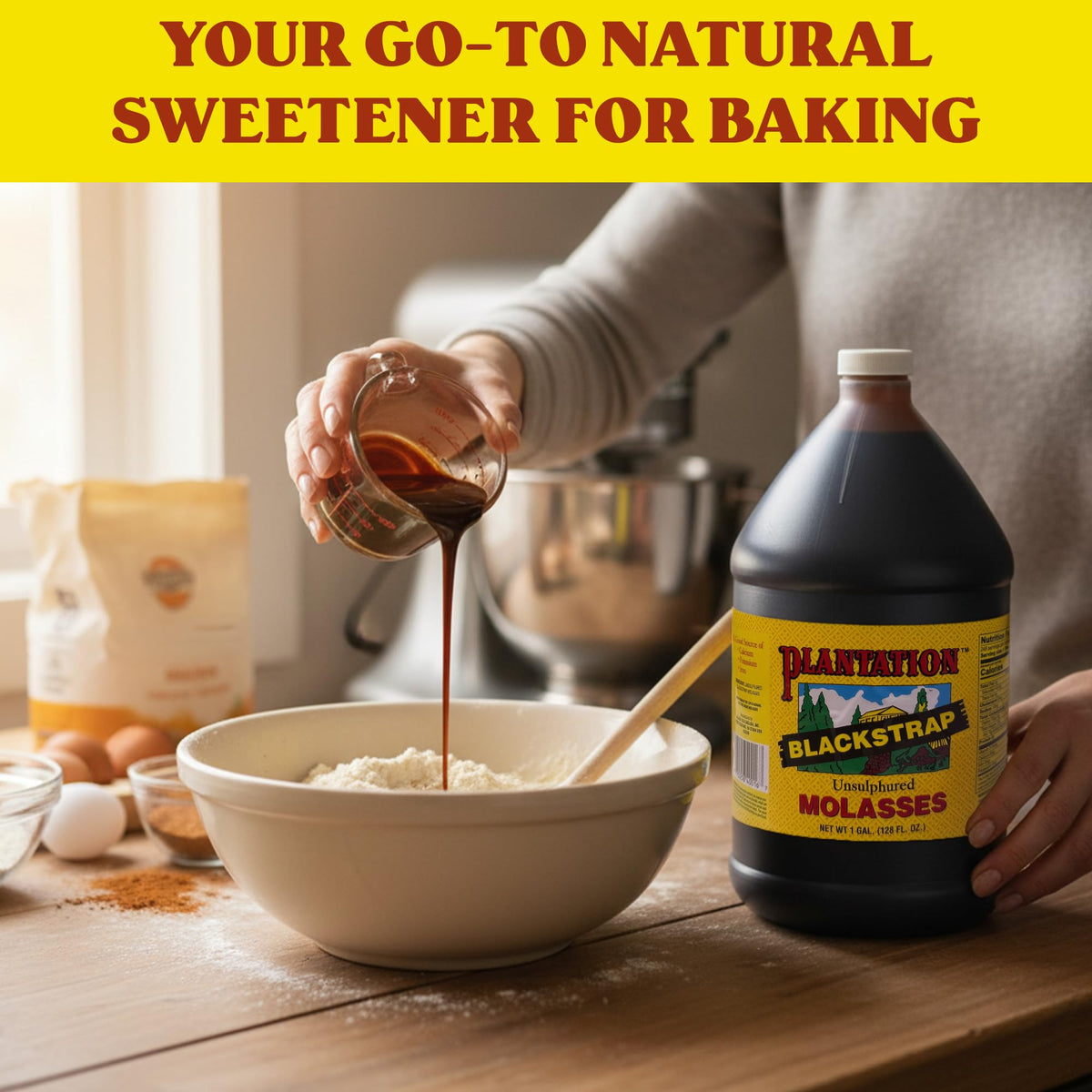 Plantation Blackstrap Molasses bottle in use with gingerbread batter adds depth and moisture.