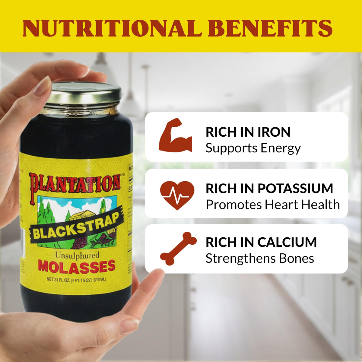 Plantation Blackstrap Molasses jar with spoon ideal for cookies and muffins.
