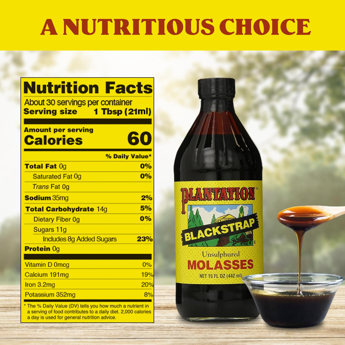 Close-up of Plantation Blackstrap Molasses label highlighting unsulphured quality