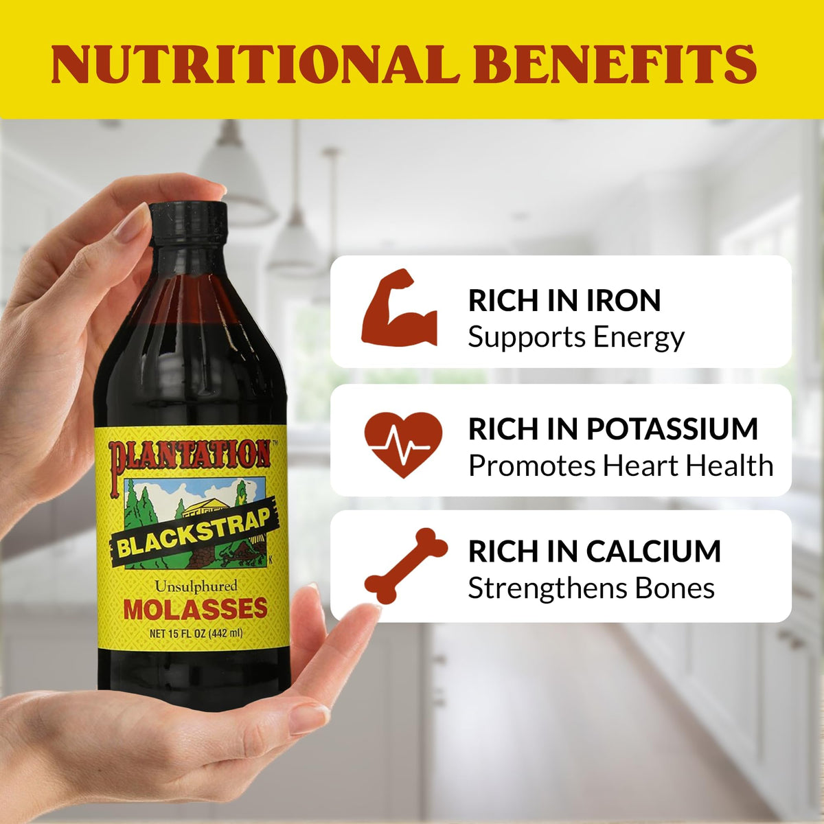 Plantation Blackstrap Molasses label close-up, unsulphured premium sugarcane product