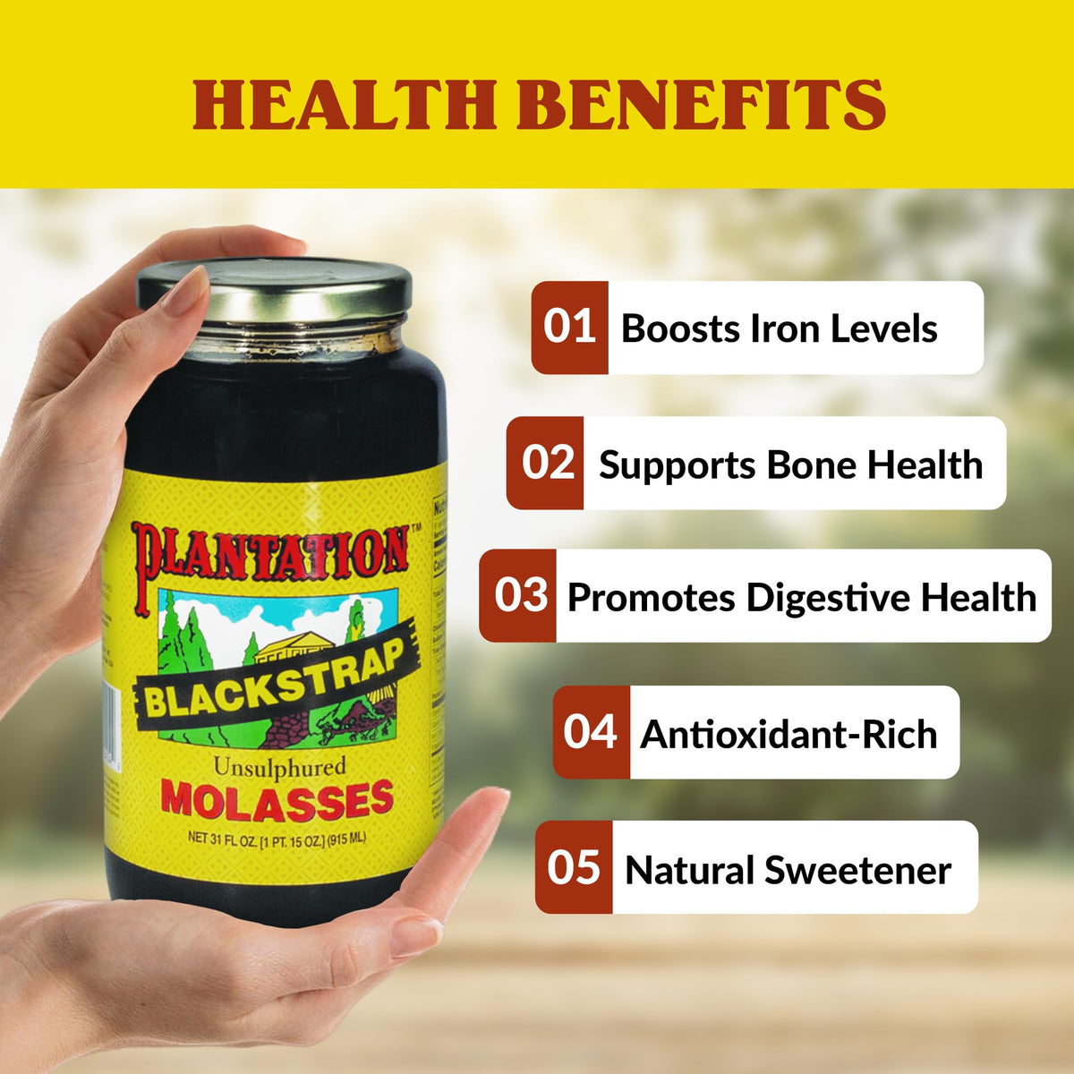 Plantation Molasses label highlights USDA Organic and unsulphured quality.