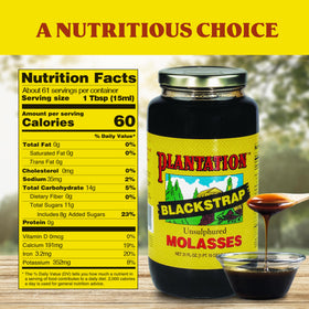 Plantation Blackstrap Molasses front bottle view showing label and size.