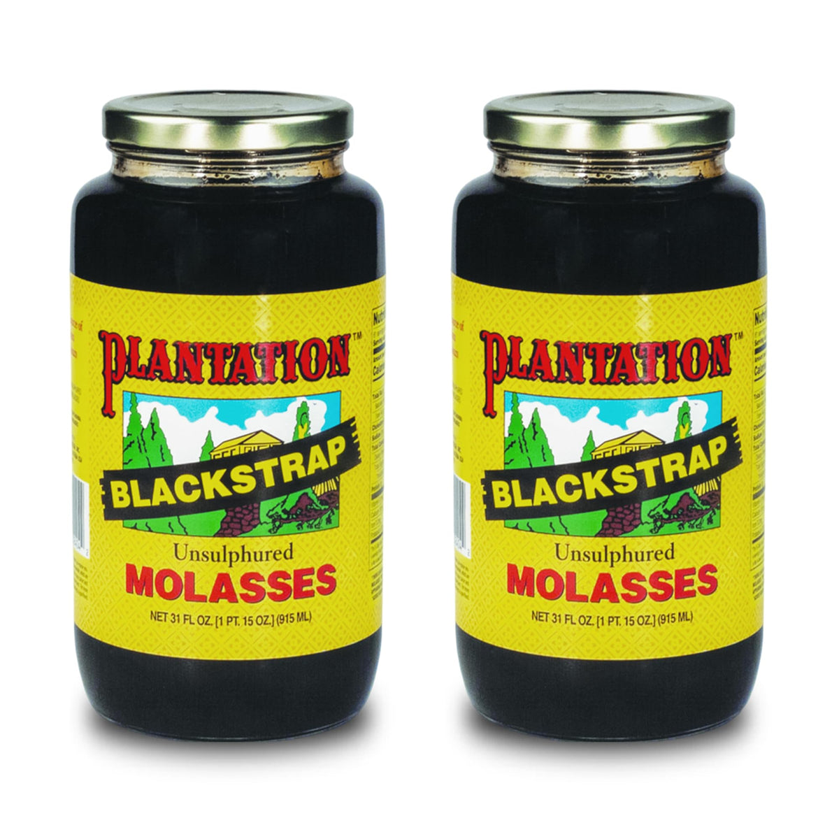 Plantation Blackstrap Molasses pack of 2 bottles, 31 oz each, ideal for baking.