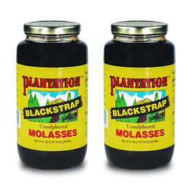 Plantation Blackstrap Molasses pack of 2 bottles, 31 oz each, ideal for baking.