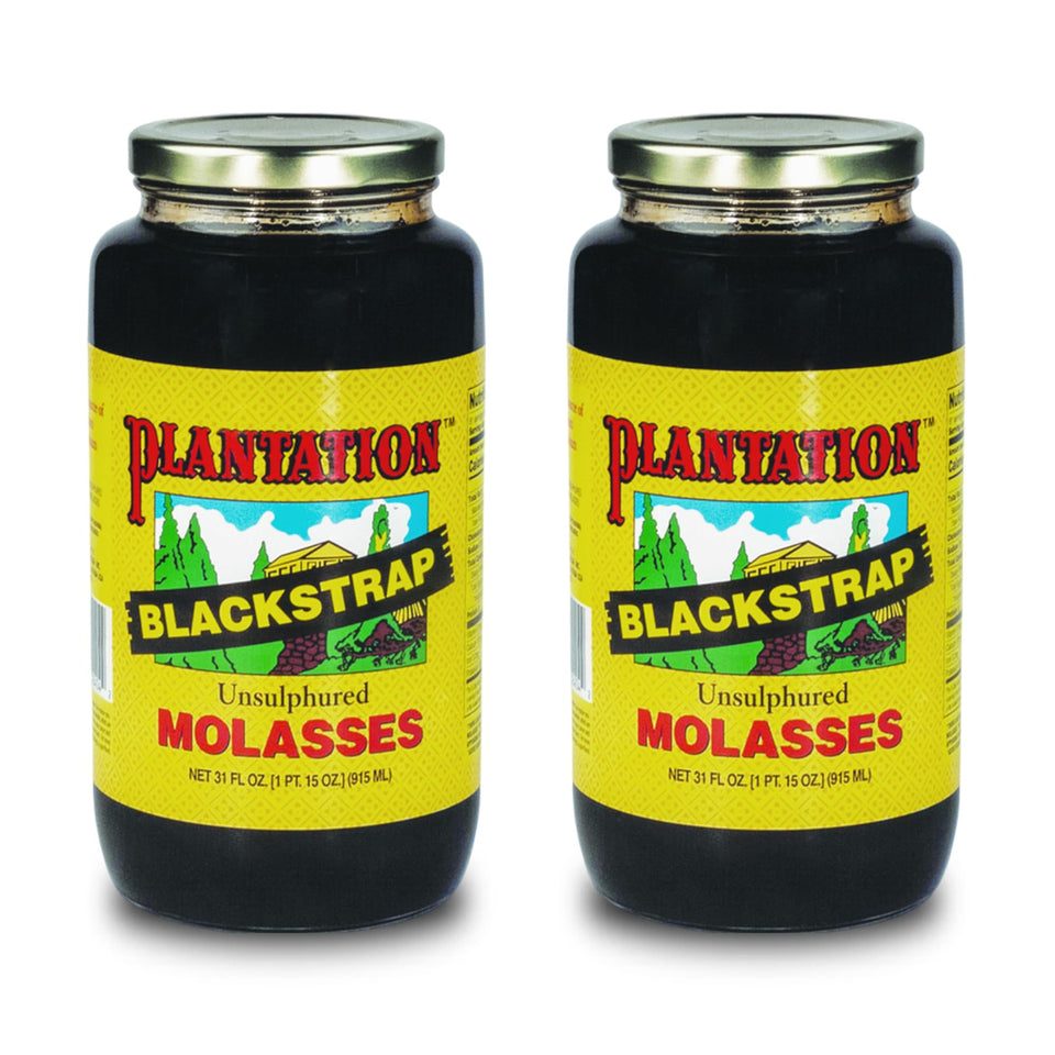 Plantation Blackstrap Molasses pack of 2 bottles, 31 oz each, ideal for baking.