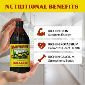 Spoonful of Plantation Blackstrap Molasses shows thick, glossy texture for baking