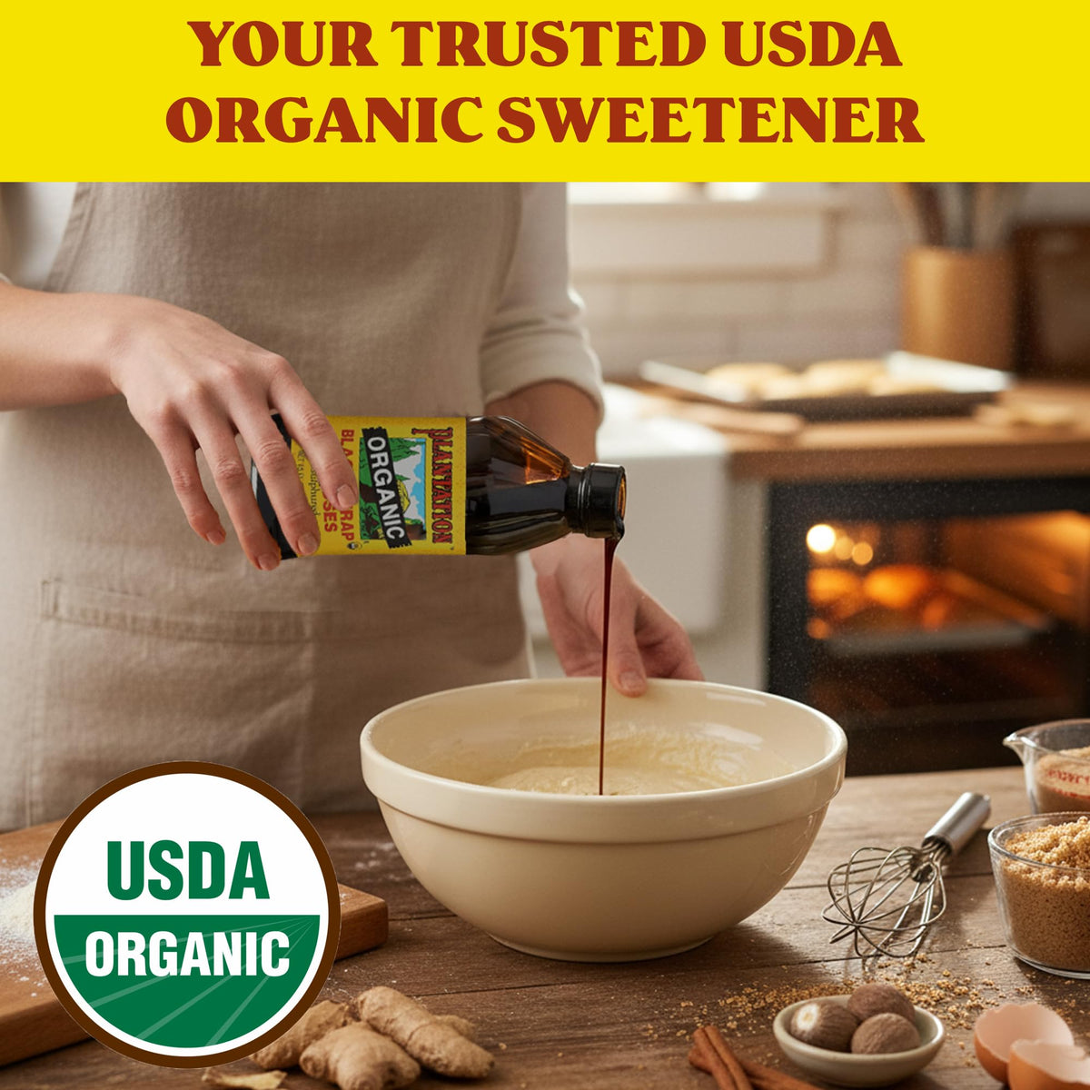 Plantation Organic Blackstrap Molasses baking dish displaying rich color and glaze potential