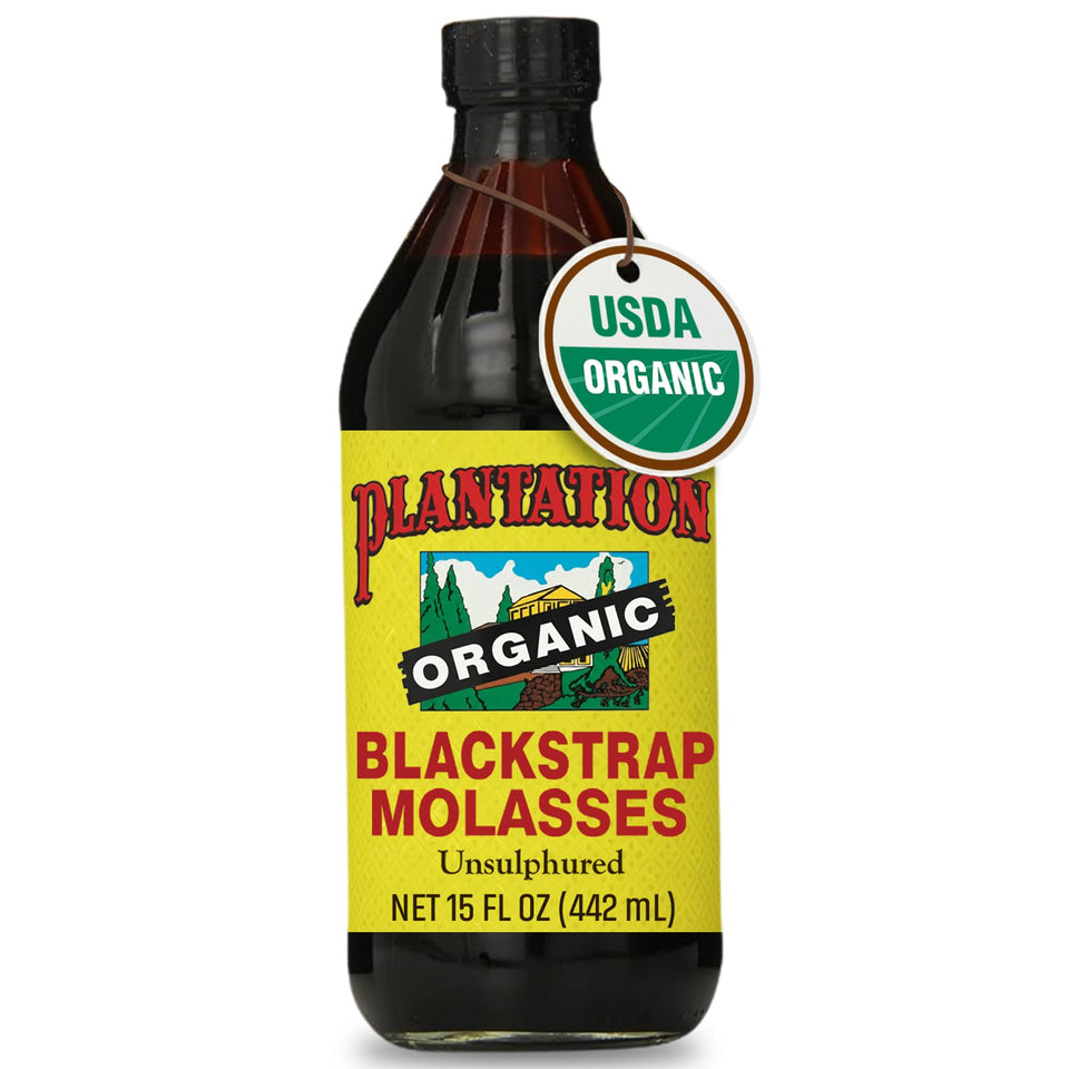 Plantation Organic Blackstrap Molasses bottle with rich flavor for baking and beverages