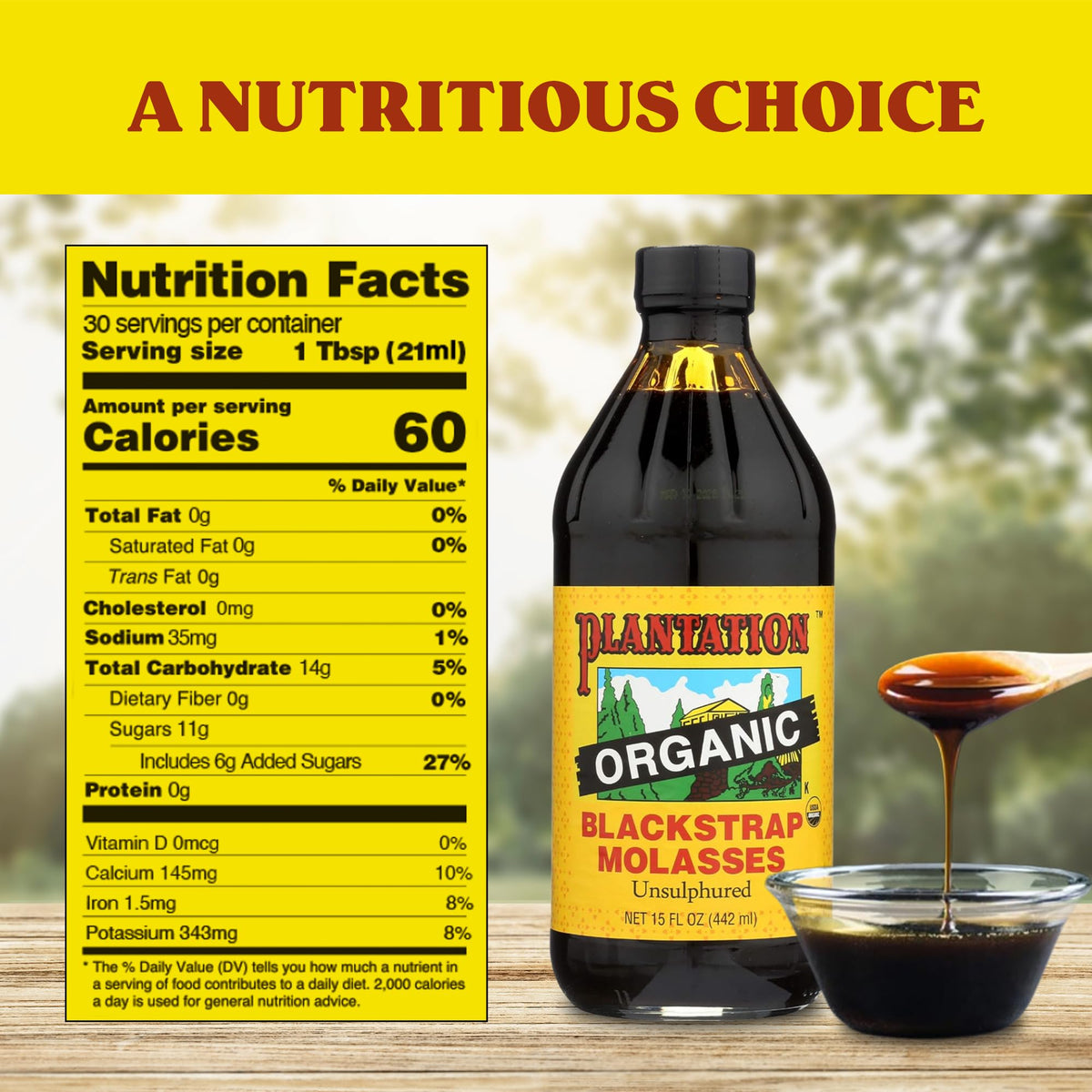 Plantation Organic Blackstrap Molasses label shows USDA Organic quality