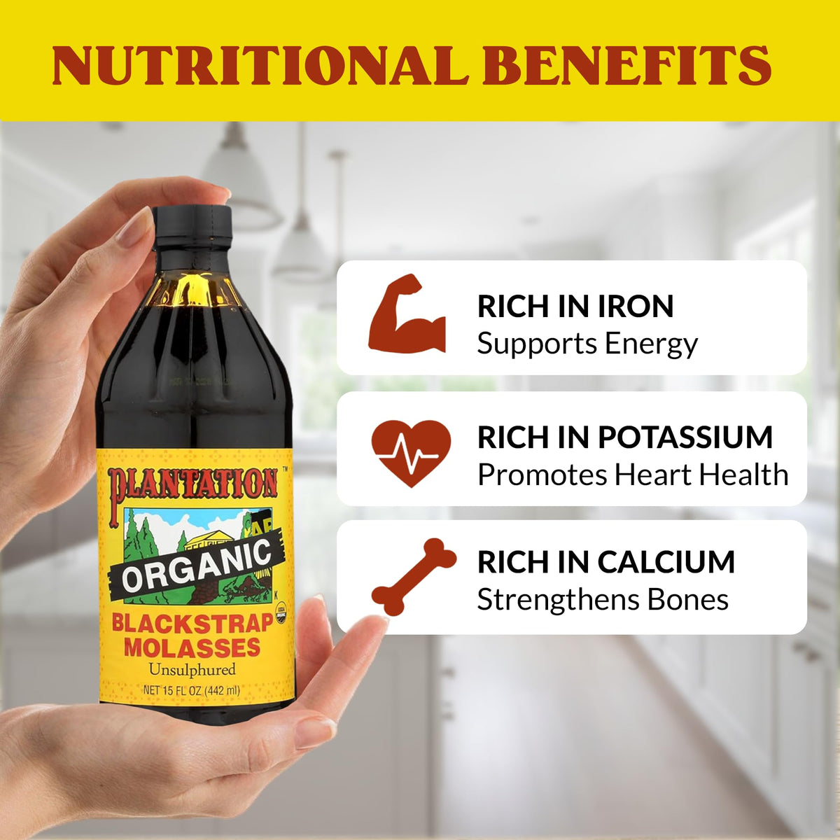 Plantation Organic Blackstrap Molasses syrup in a bowl for natural sweetening