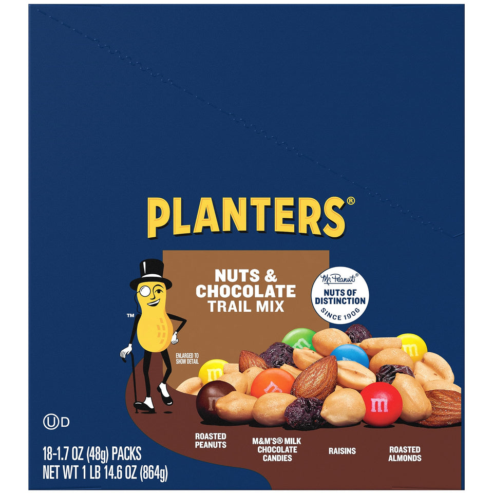 Planters Chocolate Trail Mix Nuts – on-the-go bag with peanuts, M&M's, raisins and almonds.