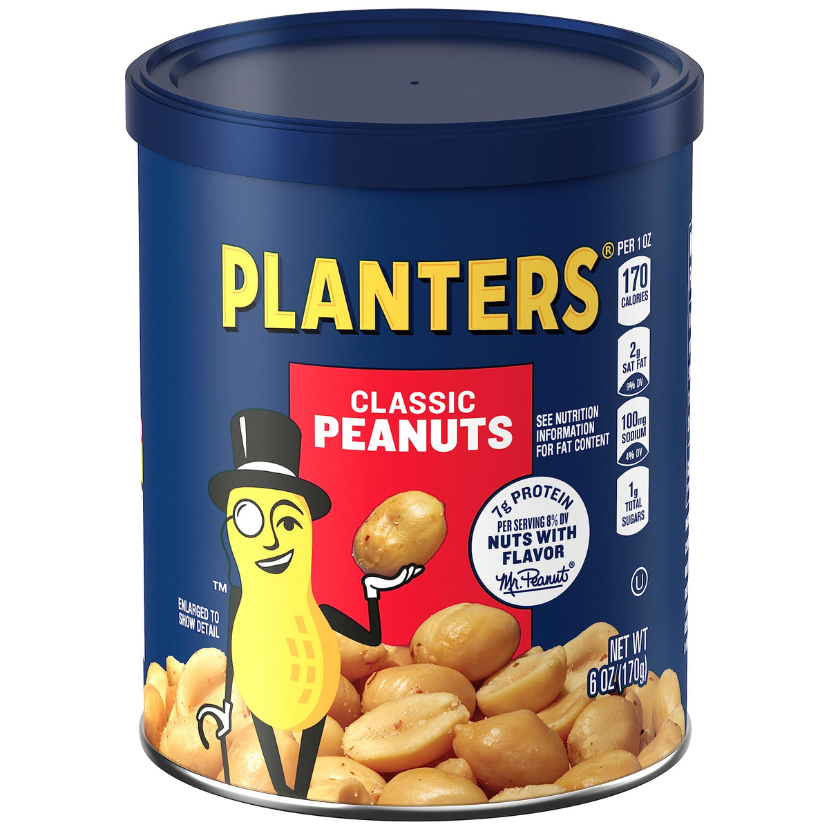 Planters Classic Peanuts canister front view for convenient, shareable snacking.