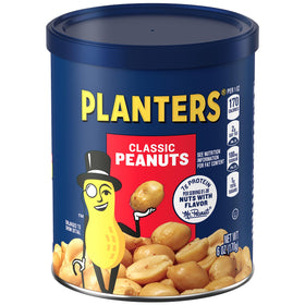 Planters Classic Peanuts canister front view for convenient, shareable snacking.