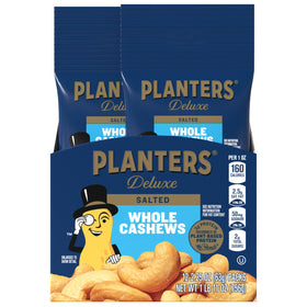 Planters Deluxe Cashews bag closeup, salted whole nuts ideal for party snacking