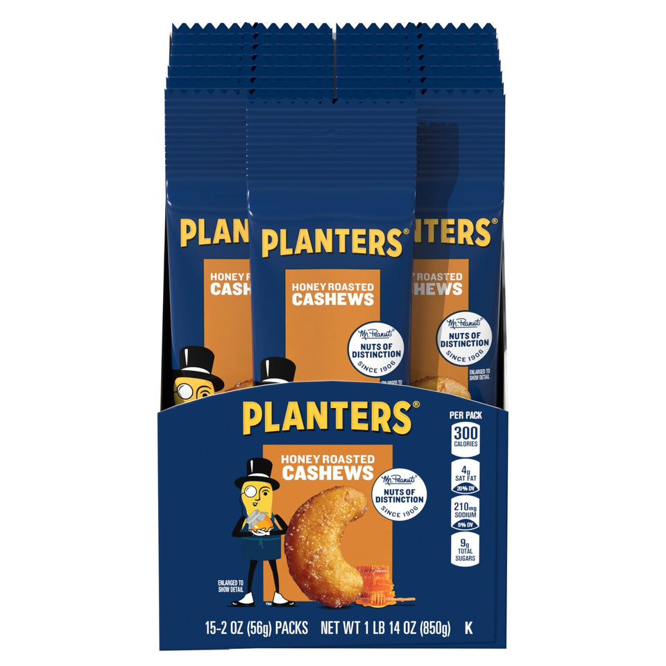 PLANTERS Deluxe Honey Roasted Cashews bags for convenient snacking.