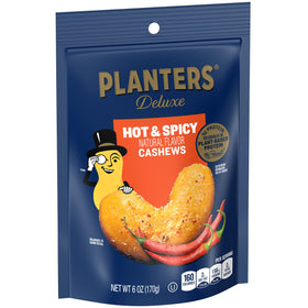 Planters Deluxe Hot 'N Spicy Cashews close-up shows roasted texture and seasoned heat.