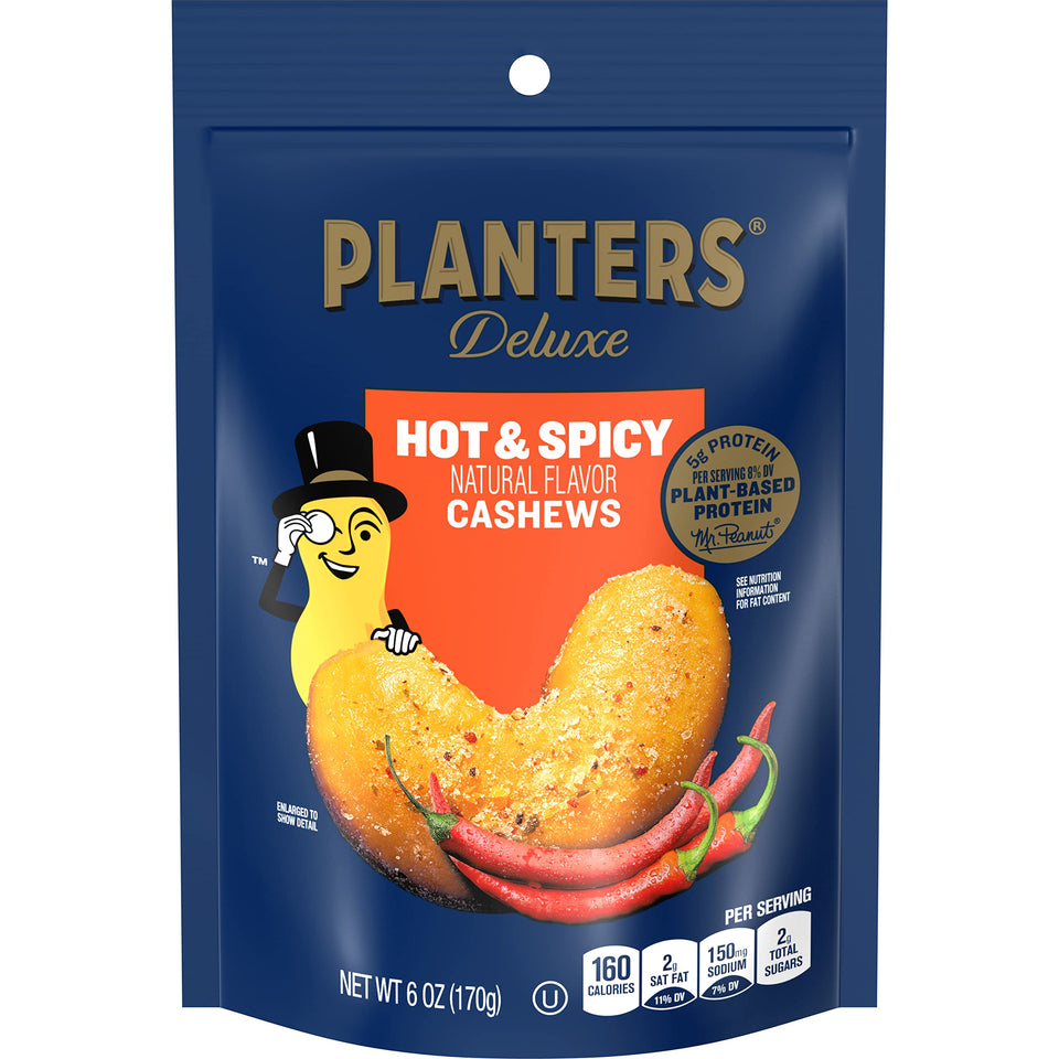 Planters Deluxe Hot 'N Spicy Cashews bag front highlights bold flavor and freshness.