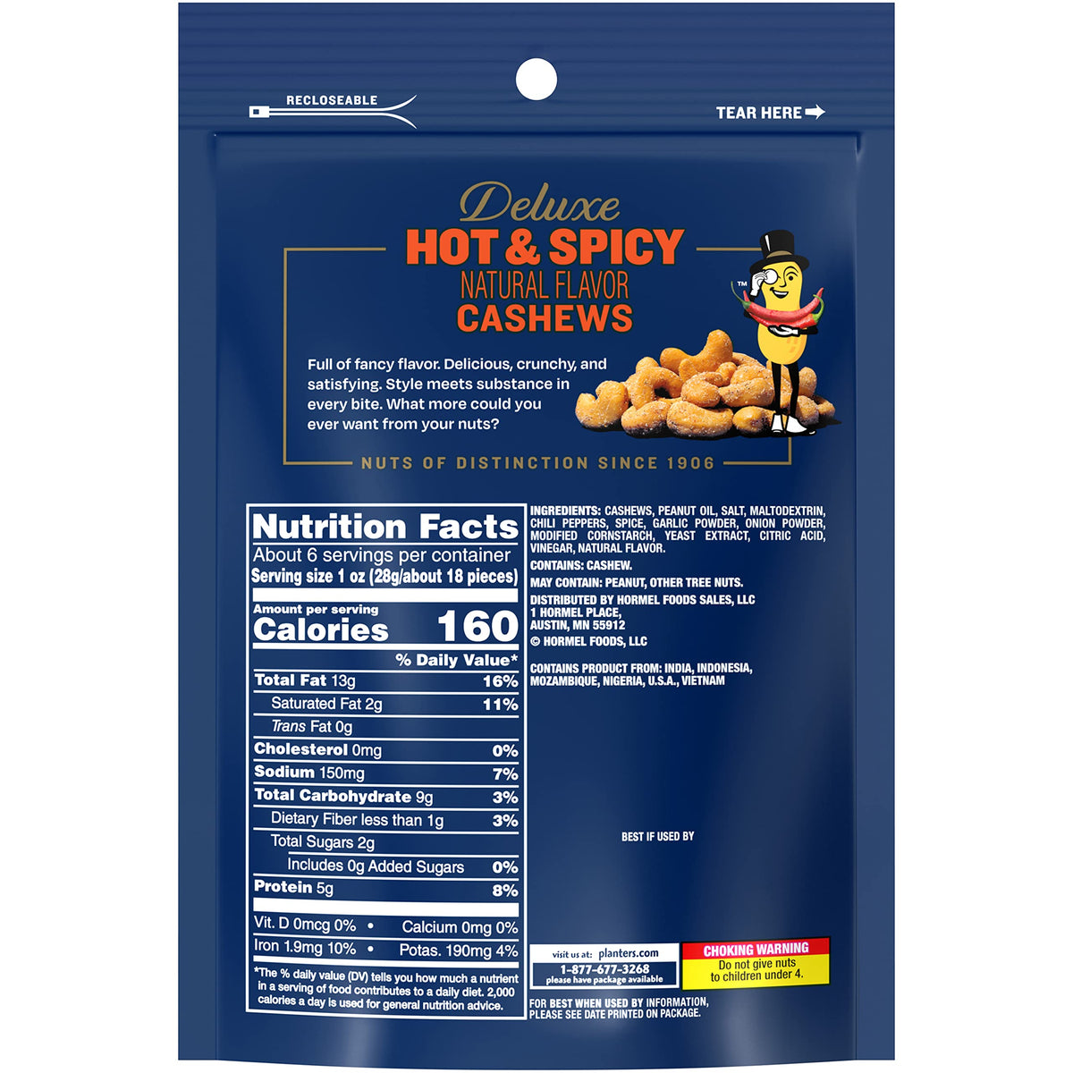 Planters Deluxe Hot 'N Spicy Cashews eight-pack packaging displays convenient storage.