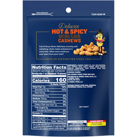 Planters Deluxe Hot 'N Spicy Cashews eight-pack packaging displays convenient storage.