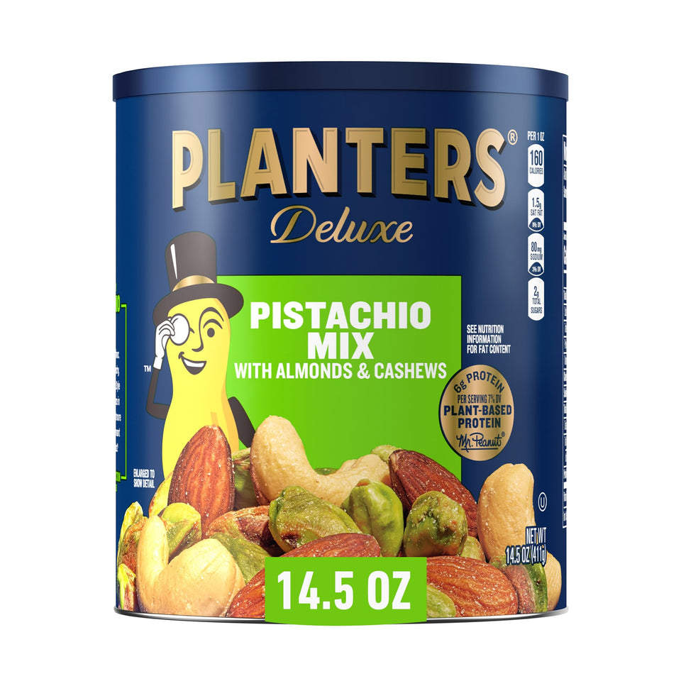 PLANTERS Deluxe Pistachio Mix canister ideal for sharing at gatherings