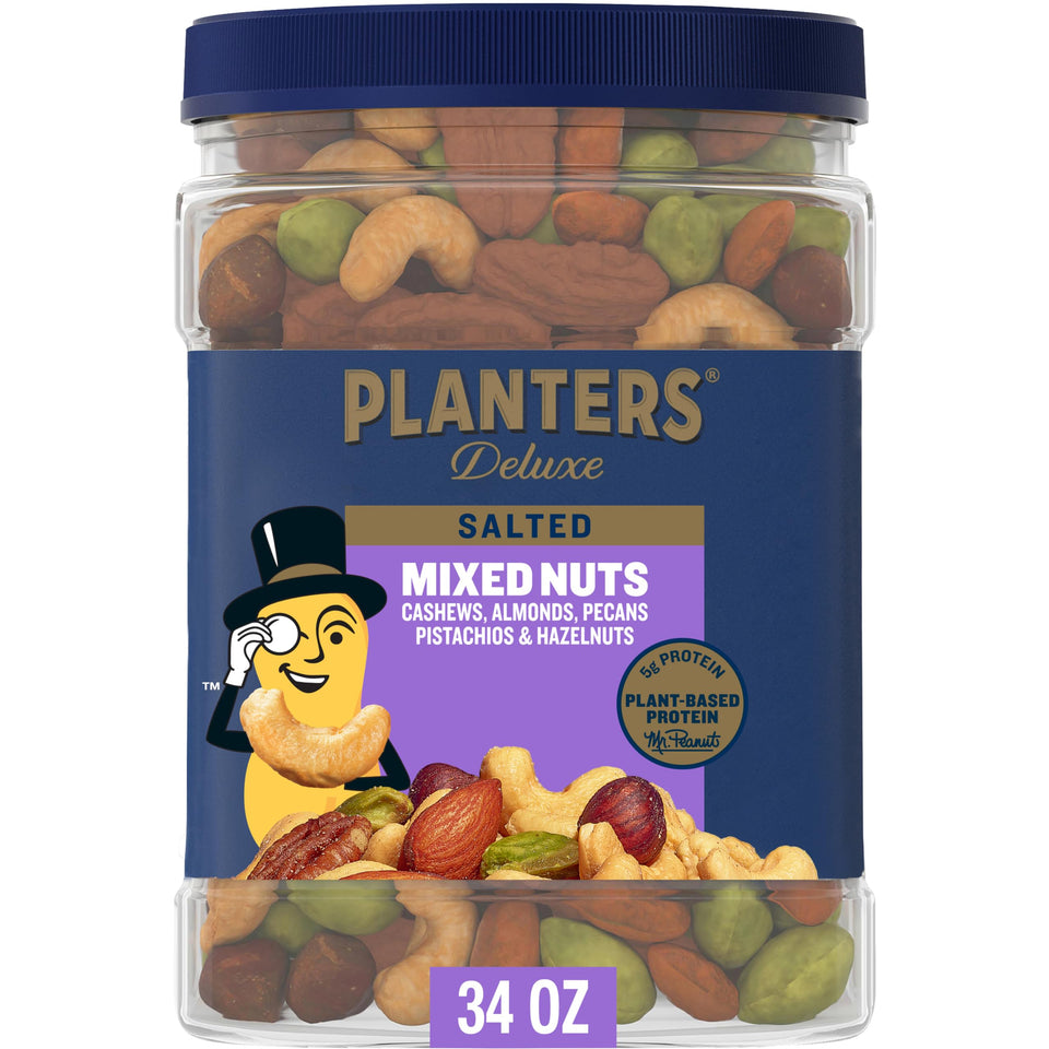 Planters Deluxe Salted Mixed Nuts in a serving bowl, ideal party snacking.