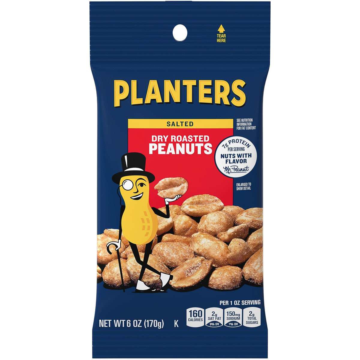 Planters dry roasted peanuts 6 oz bag, protein-rich snack for on-the-go cravings.