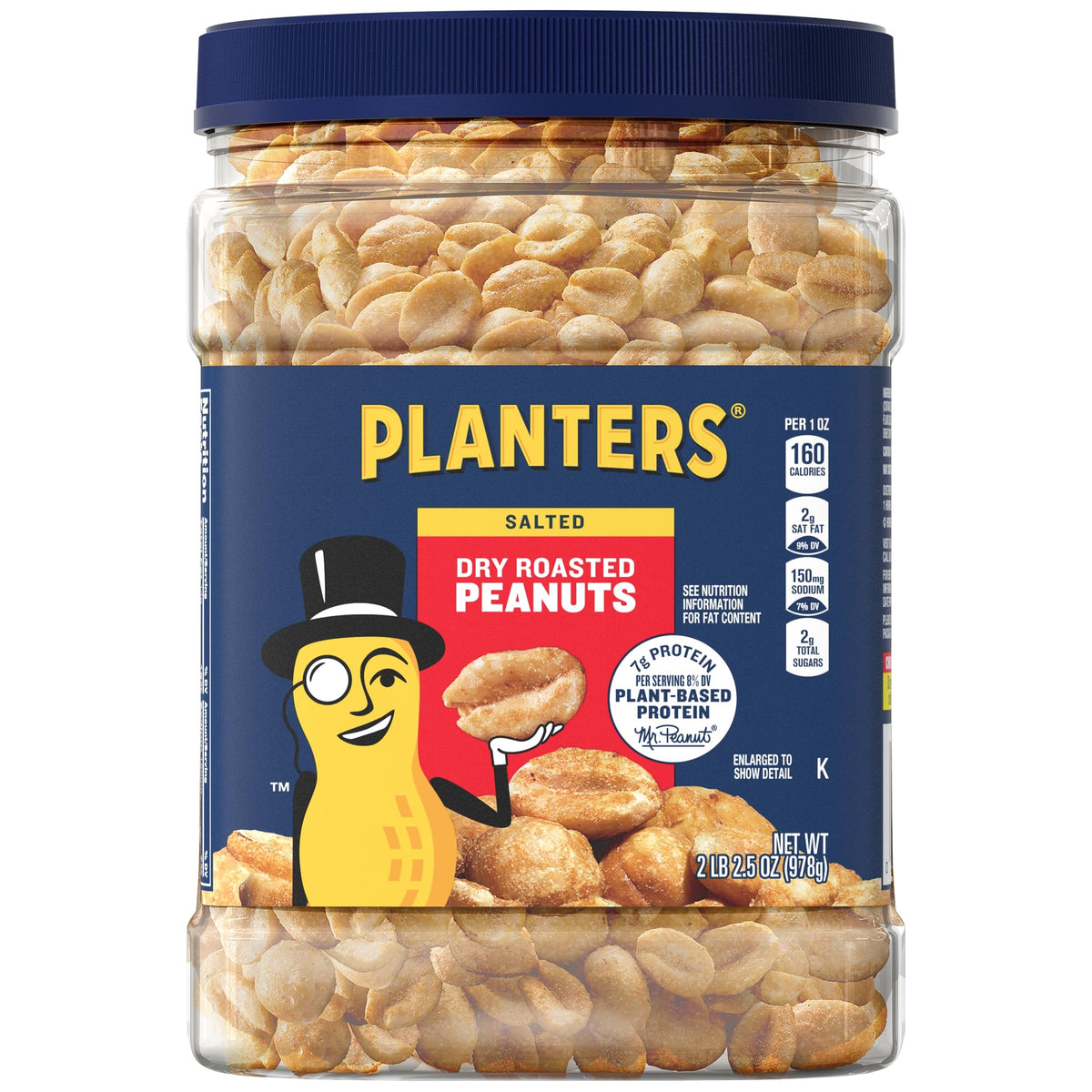 Planters dry roasted peanuts jar close-up, salt-seasoned crunch for quick snacking.