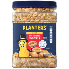 Planters dry roasted peanuts jar close-up, salt-seasoned crunch for quick snacking.